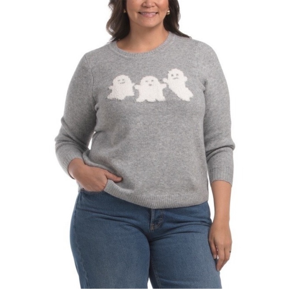 Cupcakes And Cashmere Ghost Sweater Gray Halloween Pullover Women Plus Size 2X